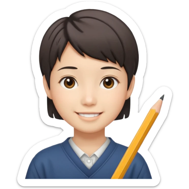 quero um personagem japones, de pouco cabelo e sorrindo com um lapis na mao sticker