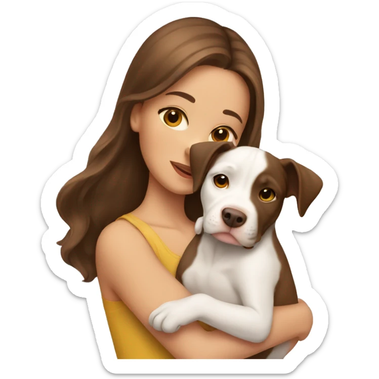 girl with brown hair holding pitbull puppy close to her face sticker