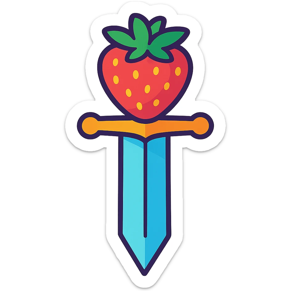 a sword with a strawberry as the hilt, whimsical design, playful, colorful, vibrant toon style sticker