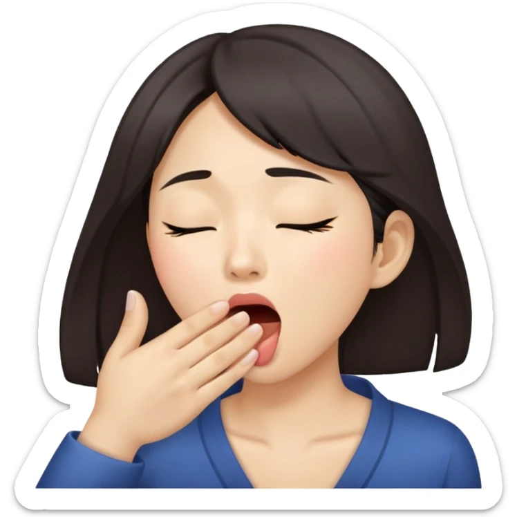 Draw a scene of a woman in her 20s of East Asian descent yawning while covering her mouth with one hand sticker