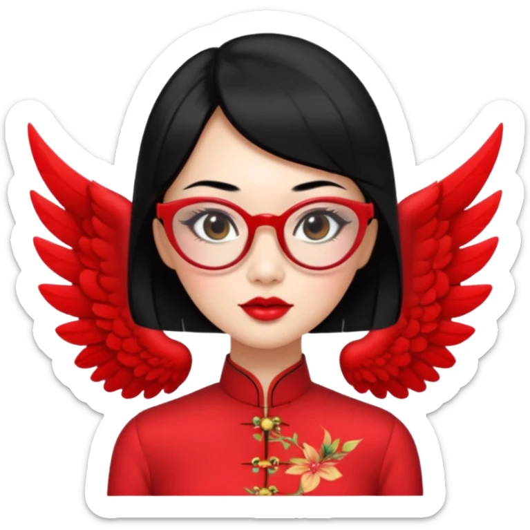 an oriental lady wearing red cheongsam, red lipstick, winged eyeliner, fair light a bit pink skin, small nose, a bit thick sensual lips, not too slim but not fat, wearing transparent glasses, black hair mid length sticker