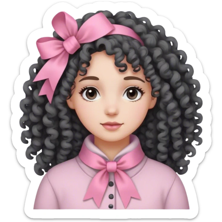 Kıvırcık uzun saçlı, siyah kömür gözlü, beyaz tenli kadın . Soft bir giyim, sadece saçında bir tane pembe kurdele.  sticker