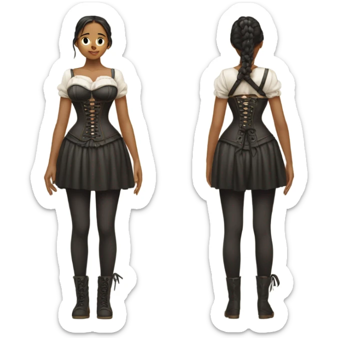 the girl stands with her back not at full height to her and an old corset is tied around her  sticker