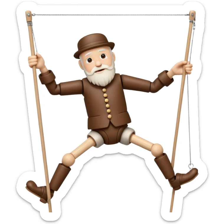 3D render of Old Man Puppet as a wooden marionette puppet, Carved wood beard, silver metal screw joints at elbows and knees, polished brown wood texture, rigid toy pose, emoji style, isolated on white background --v 6.0. sticker