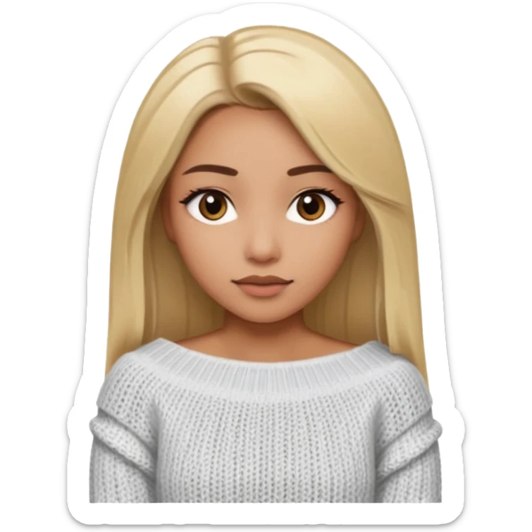 Mujer color de piel moreno claro, con cabello rubio largo, lacio y suelto, ojos negros viendo a la cámara, usando un suéter off shoulders blanco sticker