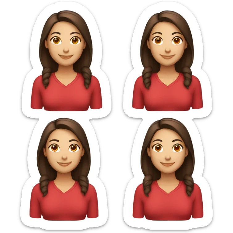 smiling woman with light to medium skin, straight dark brown hair with middle part red shirt  sticker