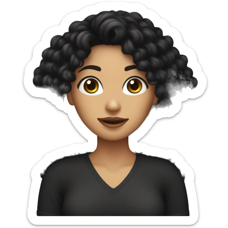 woman with long black curly hair holding one ball of yarn wearing a black shirt sticker