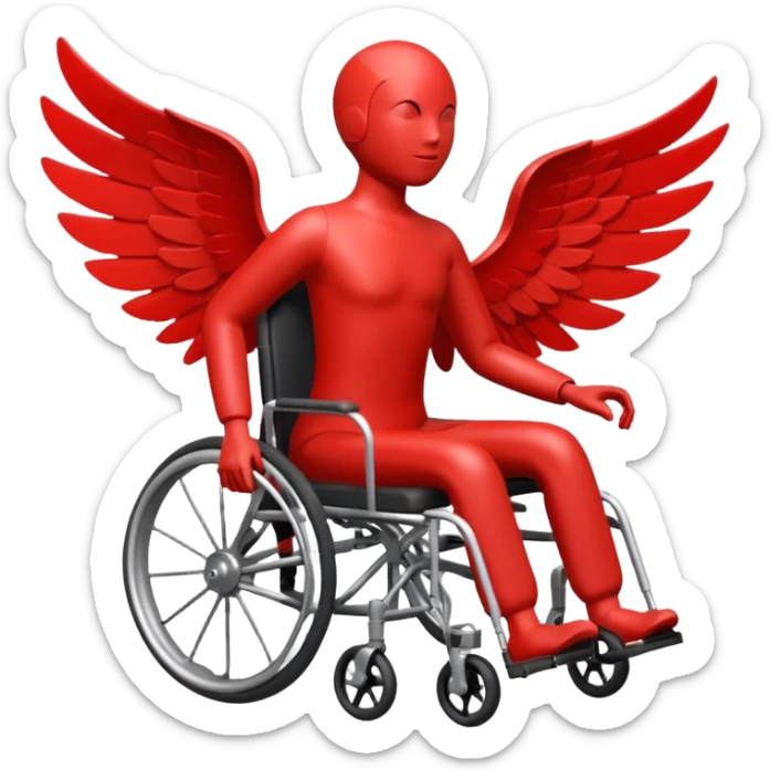 "Emoji of a stylized red figure in a wheelchair, the body forming a 'Z' shape, with a wing coming from the back, dynamic pose" sticker