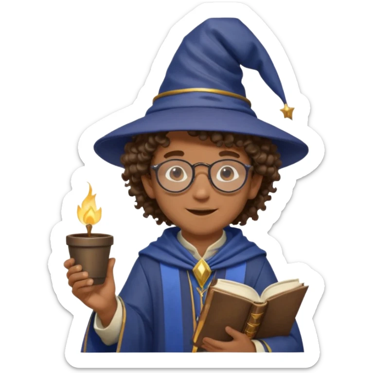 A Joyful Child Male with Brown skin and Curly hair, wearing a Traditional outfit, a Wizard hat, Sunglasses, carrying a Spellbook, working as a farmer, while drinking Coffee and reading a Textbook. sticker