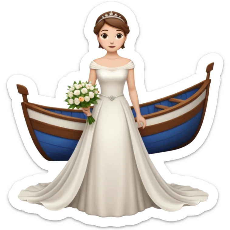 Chica blanca,cuerpo entero, vestido boda cuello barco y cola, pelo castaño,   1 ramo de flores , pelo recogido con tiara sticker