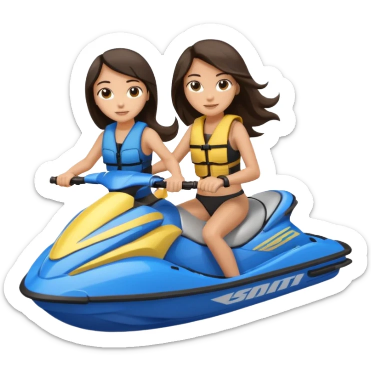 Light tan male dark hair & light tan female long dark hair on a blue jet ski no sunglasses sticker