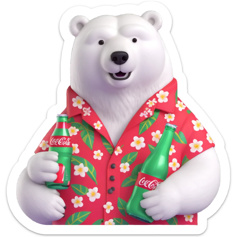 polar bear in a Hawaiian shirt decorated with Coke bottles, holding and drinking a Coca-Cola sticker