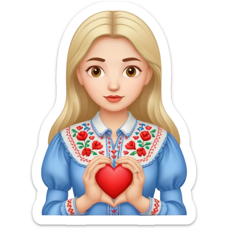A Ukrainian woman in an embroidered shirt holds a heart in her hands sticker