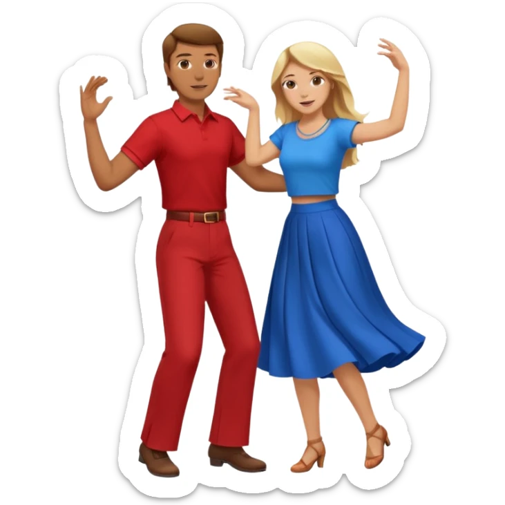 Two people dancing. Man in red shirt and  red pants with brown hair. Women in blue shirt and long skirt with blond hair. sticker