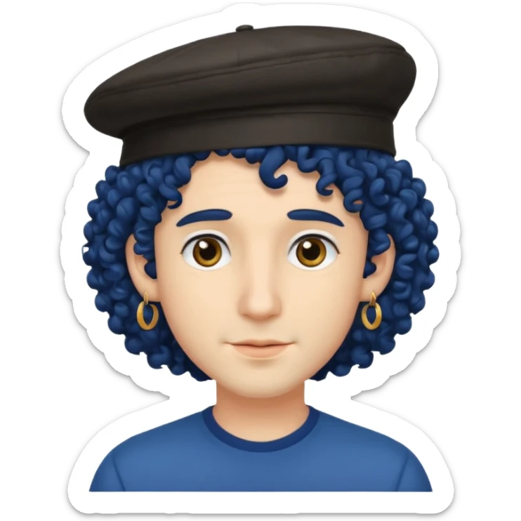 dark blue haired man curly hair and big earrings and and hat wearing sticker