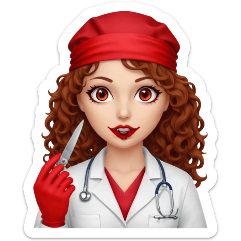 Scary woman scalpel in hand, evil surgeon sexy surgeon clothes.  She has red eyes. Her  brown long curly hair. Wears sexy doctor outfit with red gloves. Only uses red bandanna  to hide her face mouth with red bandana to hide her identity sticker