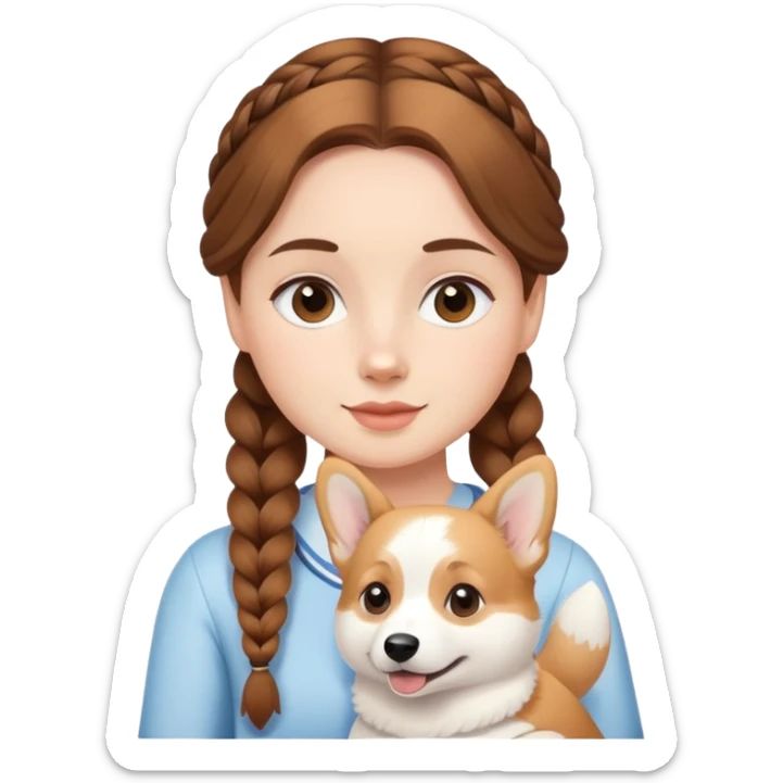 The girl with brown hair in a single braid is holding a white corgi sticker