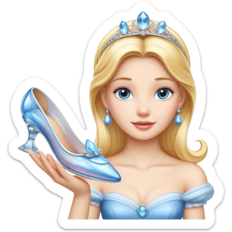 Detailed orginal disney princess character CINDERELLA icon, known for her beauty, kindness and positivity. With her hyperrealistic glass slipper. Still life. 8k hd quailty sticker