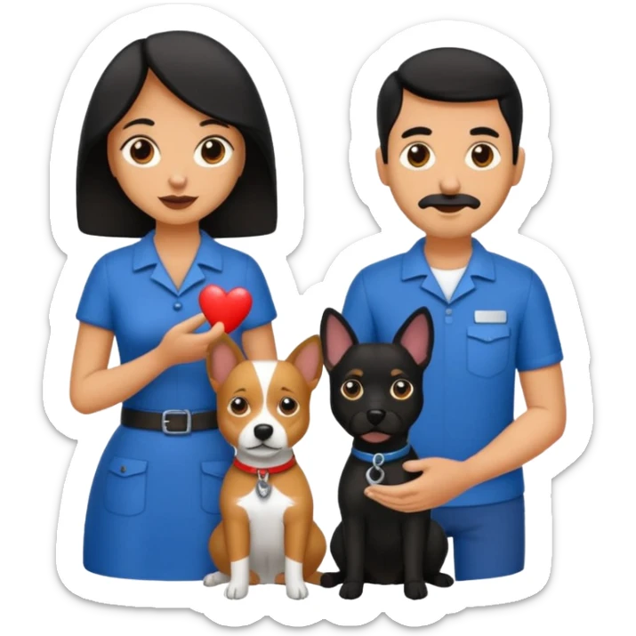 Pareja hombre y mujer, pelo negro ambos, y con dos perritos pincher en sus brazos sticker