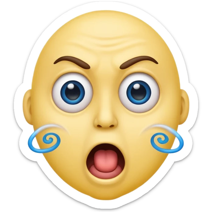 yellow face with blue spiral eyes, open mouth showing visible bad breath, expressive and humorous classic emoji style sticker
