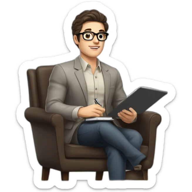 Pale skinned Fit Man With dark brown hair in gray jacket, beige office shirt and vintage glasses sitting In a soft chair with a notebook with emblem Ψ and a pen in his hands sticker