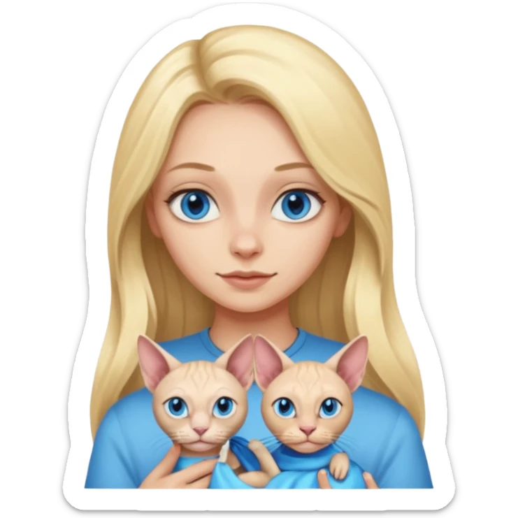 blonde girl with long hair and blue eyes holding a sphynx cat, emoji style sticker