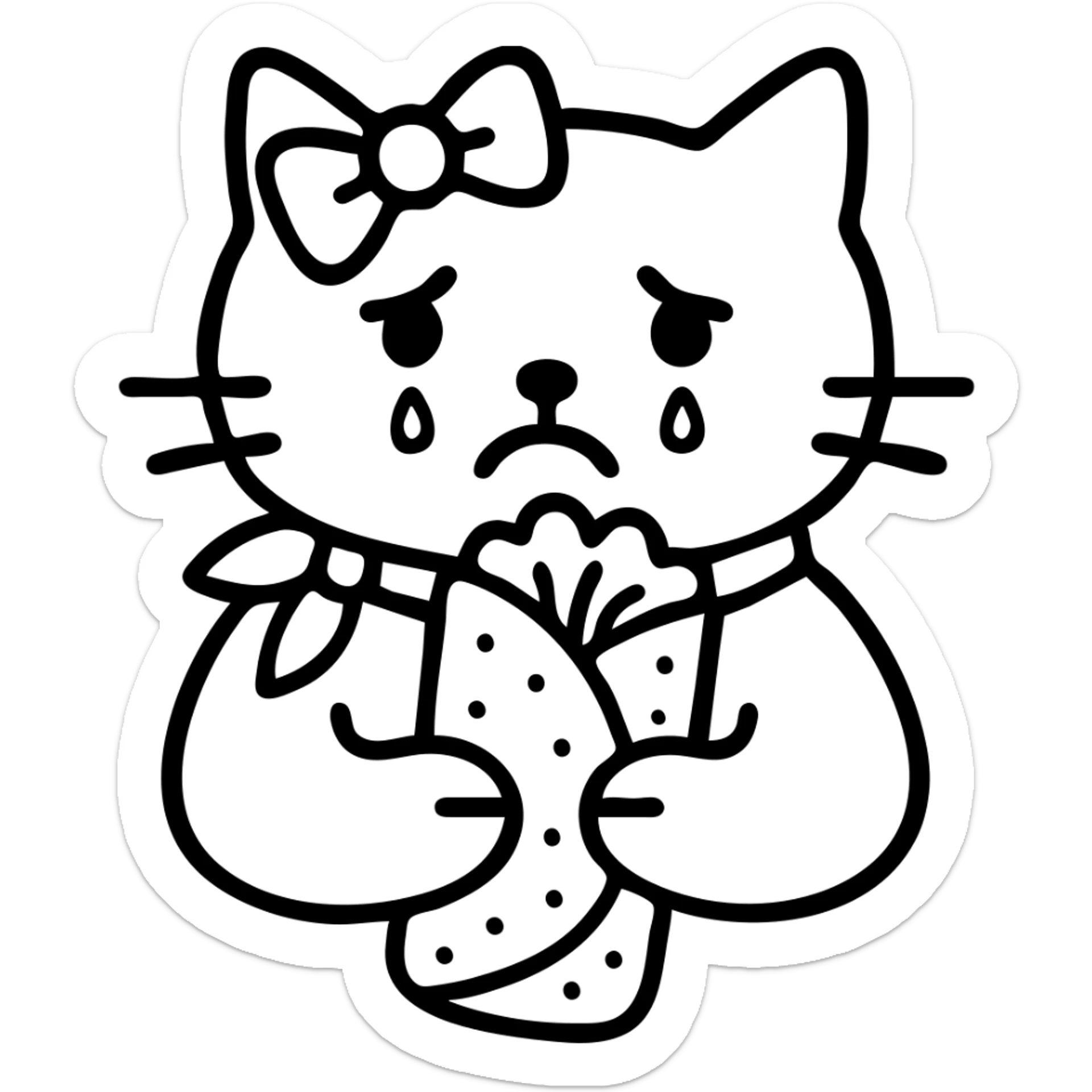 Colorized dürüm with all other details unchanged. White cat, sad, teary-eyed, wearing a light pink ribbon on its head, icon style, no background. sticker