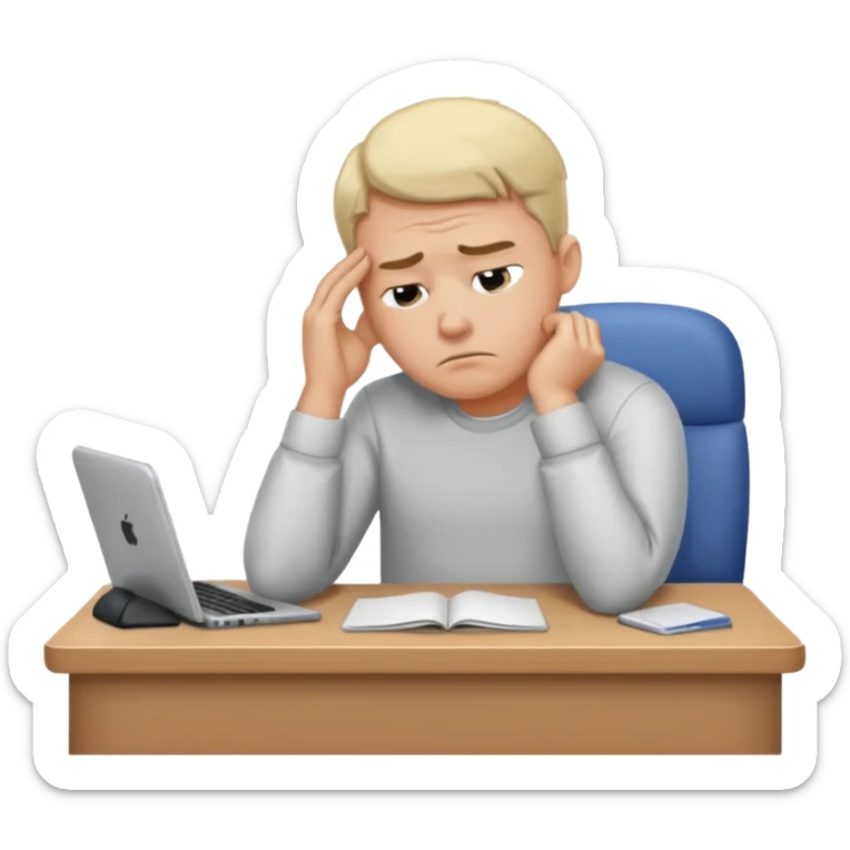 A man wearing a shirt with slumped posture, sitting at a desk, iOS emoji style sticker