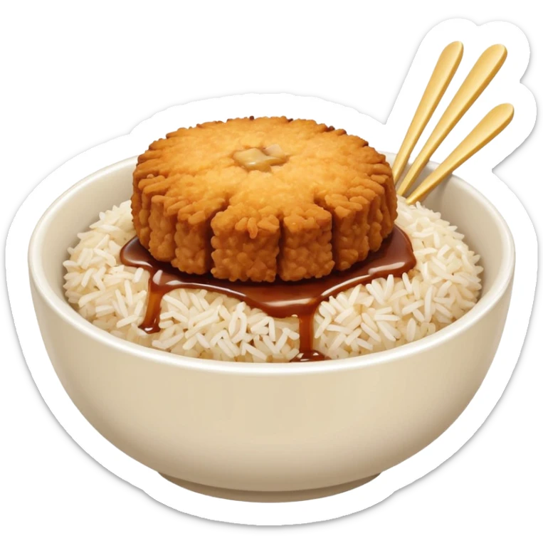 bowl filled with rice, a bit of brown sauce over the rice and a breaded pork cutlet over it sticker