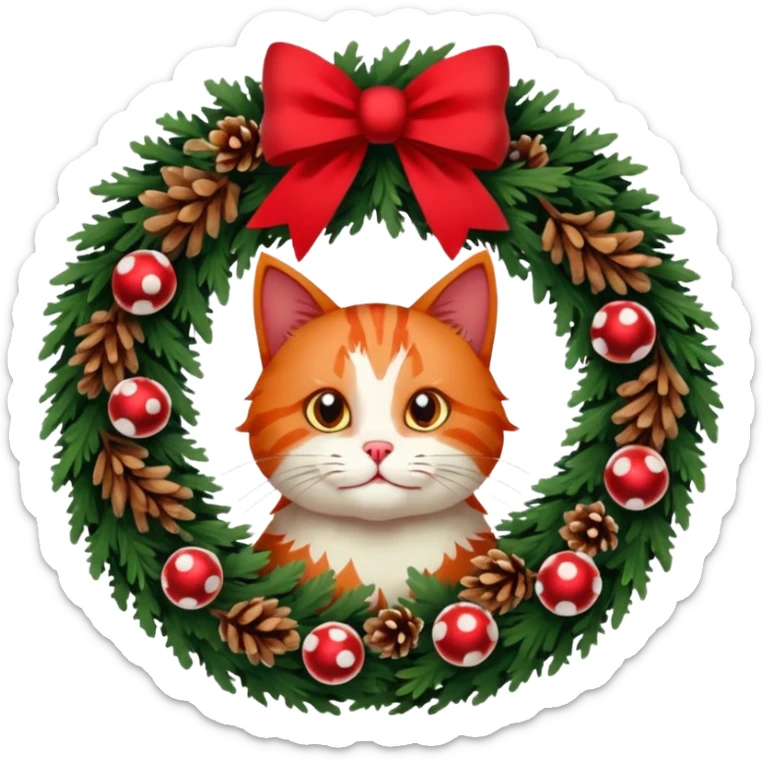 A Christmas wreath made entirely of fir trees, decorated with a red bow at the bottom, pine cones and Christmas tree balls, and a cat poking its face through the hole in the center. sticker