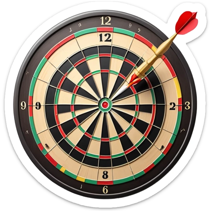 A dartboard with darts firmly stuck in the bullseye, surrounded by the colorful sections of the target. The background conveys a competitive atmosphere, with a subtle focus on precision and skill in the game of darts. sticker