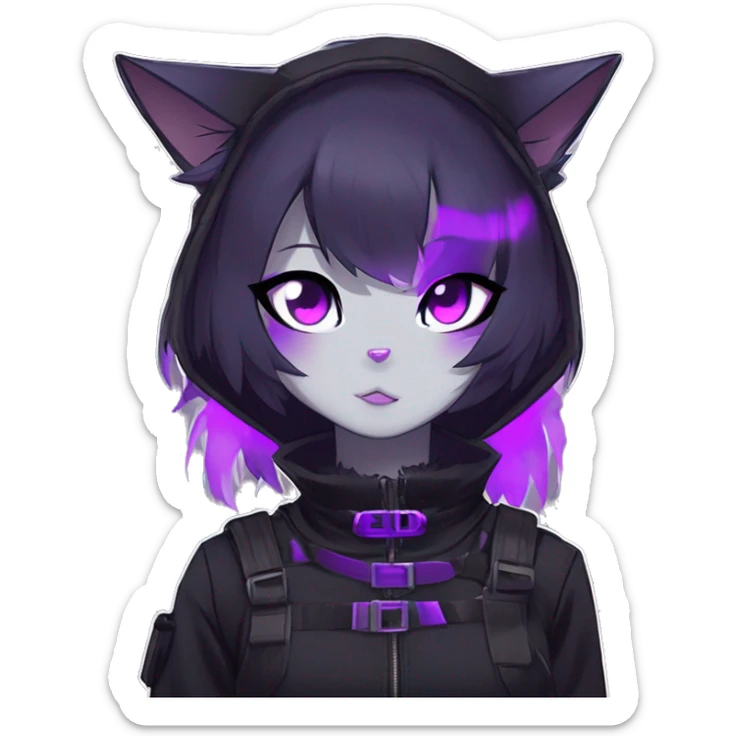 Gorgeous furry gothic dark techwear anime style anthro black cat furry sona Fakemon with blushing face aesthetic and pretty edgy black with violet collar and harness trending style sticker