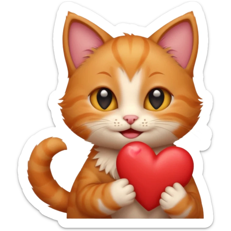 The ginger kitten is hugging a heart, very happy and smiling, he has a very beautiful face. sticker