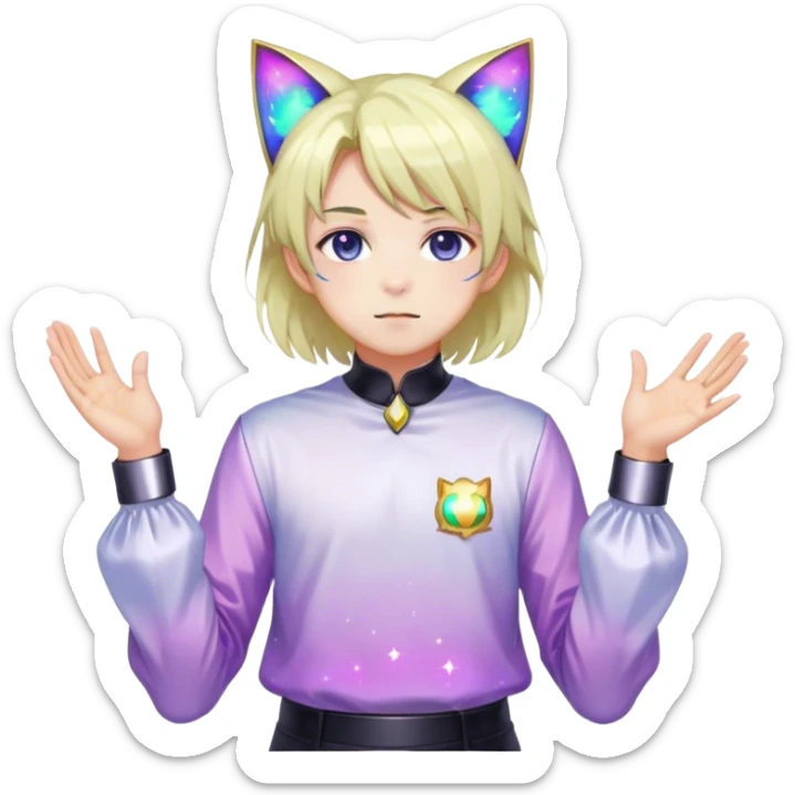effeminate young colorful nebula femboy man with shiny hair, cat ears, blouse, cute, gorgeous, anime, catboy, full body sticker