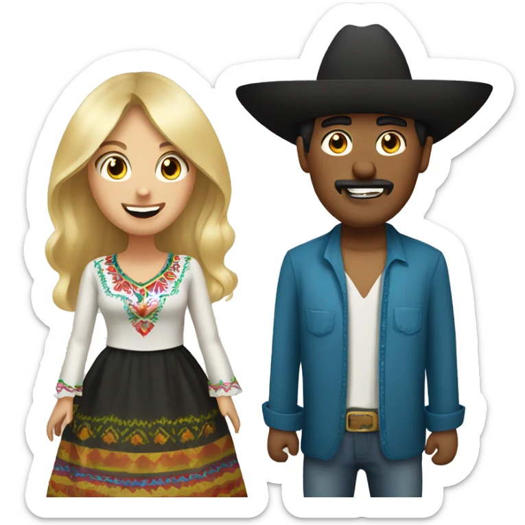 Mexican man with long hair, black eyes and sombrero having fun with russian woman with blonde hair, bangs, blue eyes sticker