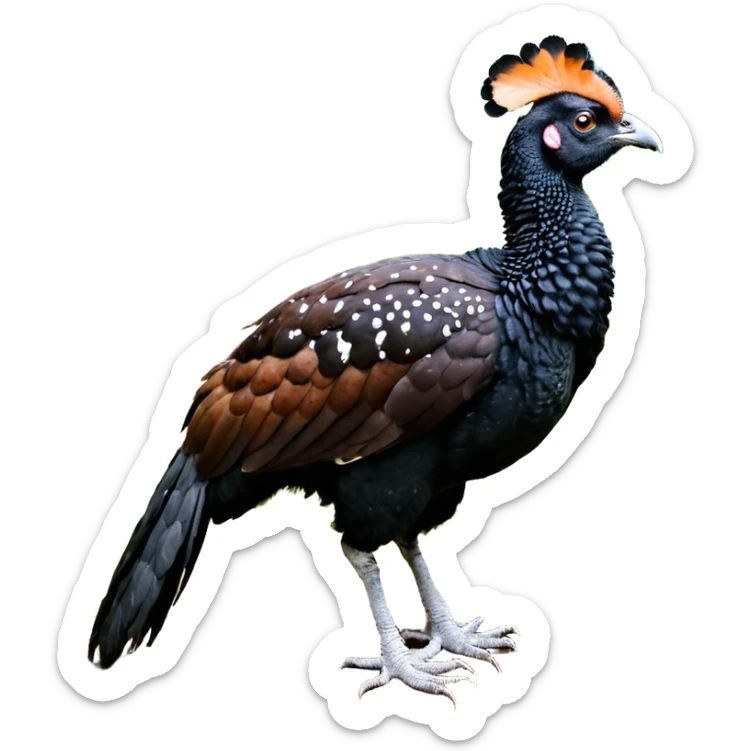 A full-body image of a large, dark-colored bird resembling a curassow or guam, standing on a white background. The bird's body is predominantly a rich reddish-brown or chestnut color, with a pattern of fine white speckling or barring sticker