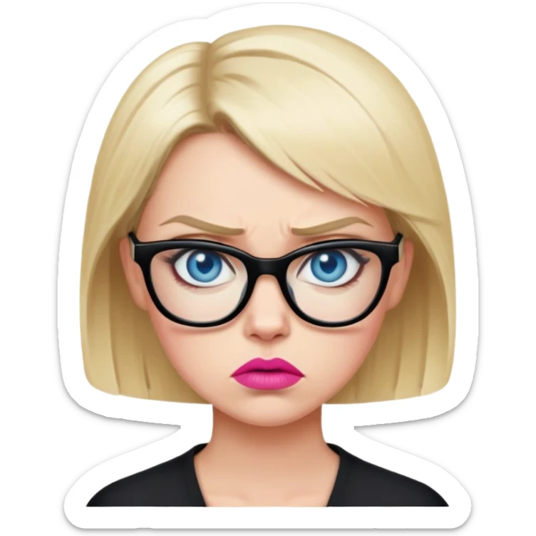 Blonde woman with short hair, blue eyes and pink lips wearing black glasses looking angry sticker