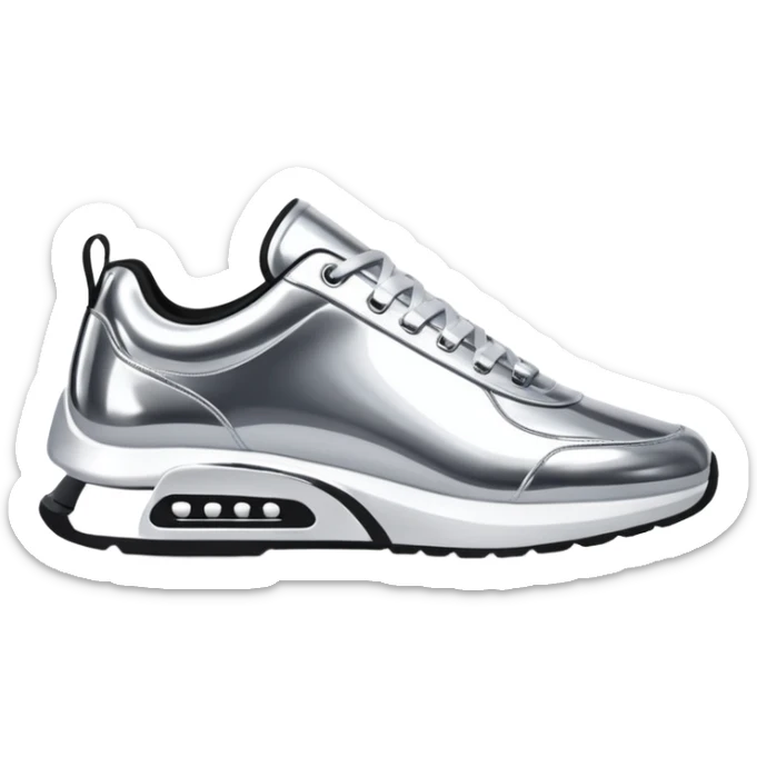 A pair of futuristic sneakers emoji made of silver chrome, sleek streetwear design, smooth metallic panels, subtle reflections, luxury swag aesthetic, iOS emoji style, centered, clean white background sticker