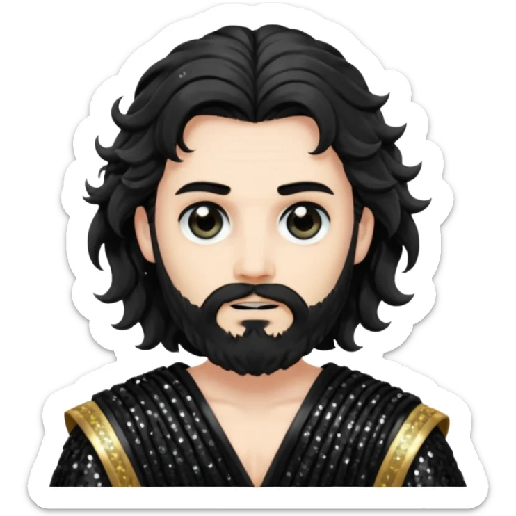Hades from Greek Gods with long black wavy hair and short beard, black sequin toga sticker