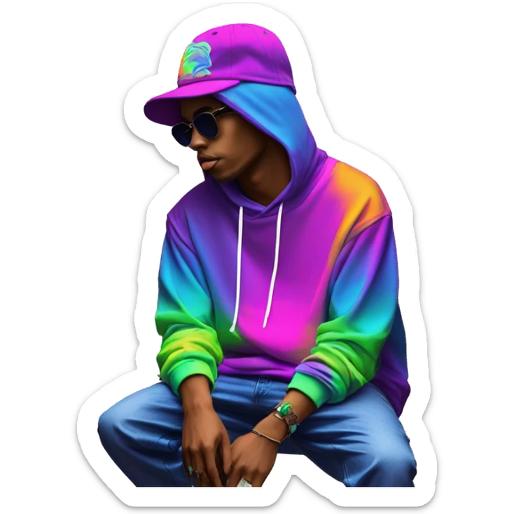 Multicoloured neon person smoking wearing hoodie dancing hip hop bucket hat tropical Skater fashion aesthetic baggy clothes graphic t shirt 420 sticker