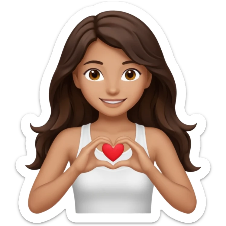 tan wavey dark long brown haired brown eyed girl making a heart with her hands wearing a white tank top with boobs and smiling pretty sticker