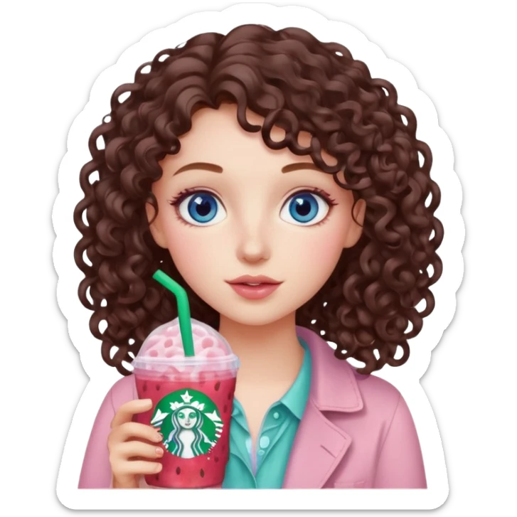 make an emoji of a loose curly brunette, blue-eye girl, wearing light pink drinking a strawberry acai refresher from starbucks sticker
