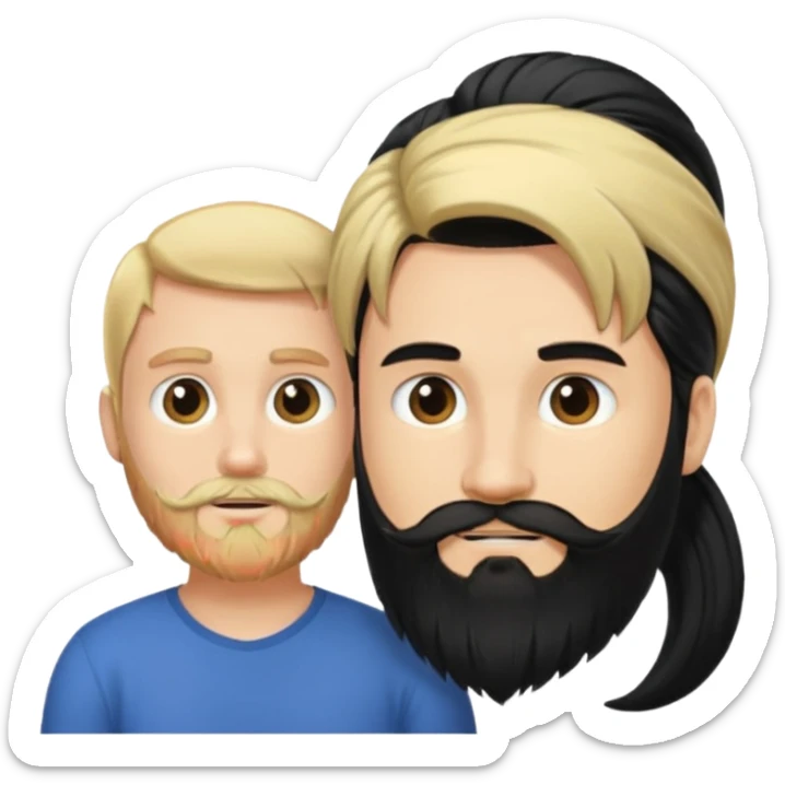 Man with long black hair tied in a tail and beard with a young blond with short hair but no beard sticker