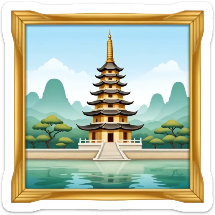 Cinematic Realistic Tran Quoc Pagoda Landmark Emoji, depicted with an ancient pagoda set on tranquil waters rendered with delicate textures and serene, reflective lighting. sticker