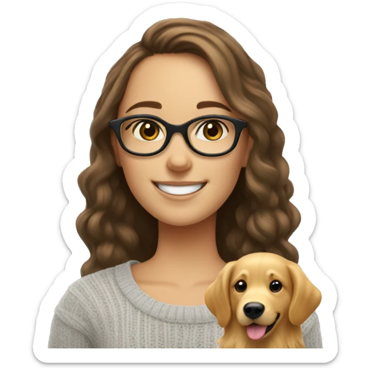 Smiling Caucasian brunette girl in sweater with glasses with smiling golden retriever sticker