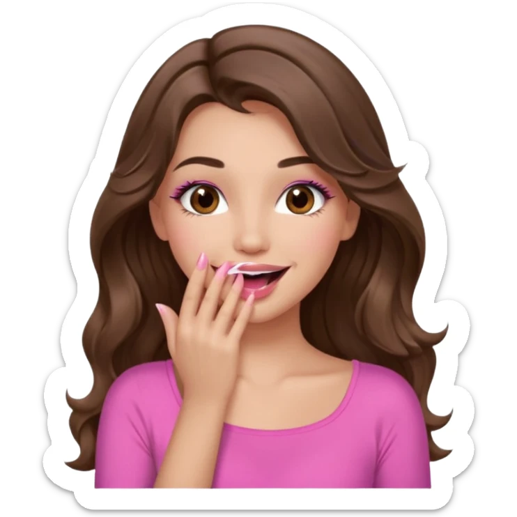 girl with long wavy brown hair, brown eyes, long lashes makeup, pink lips, light to medium complexion, pink sexy top, smiling, hand covering the mouth, giggling sticker