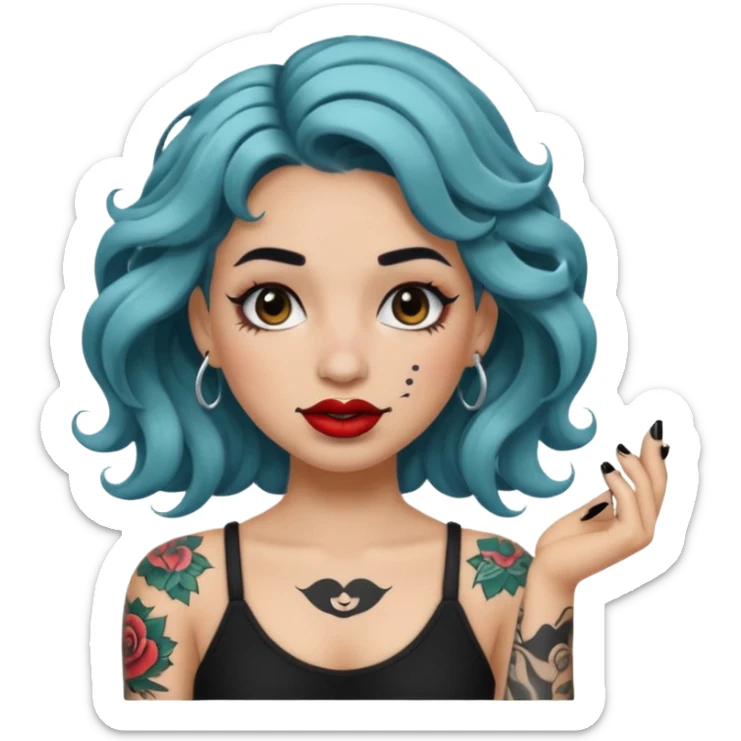 I want to create a female emoji with wavy hair and arm tattoo with her nose pierced and black lip stick sticker