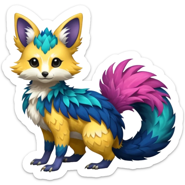 Feral Rare Fantasy colorful vibrant Vernid-Trico-species-Fakemon-creature by LiLaiRa, random markings, tufted tail, tufted ears, full body sticker