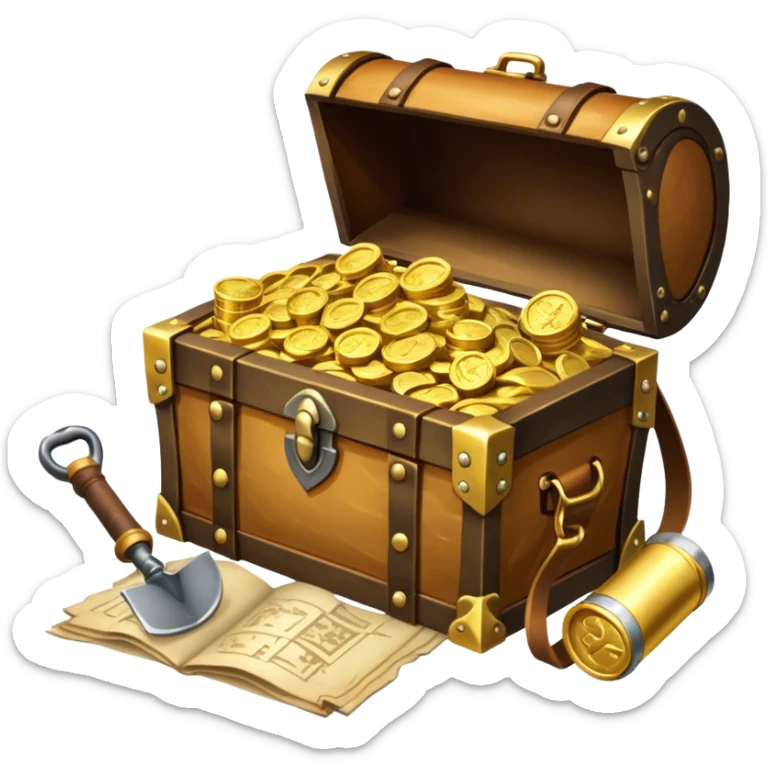 An icon showcasing a treasure chest filled with gold, a treasure map rolled up beside it, a backpack and shovel ready for the next adventure. The design captures the essence of treasure hunting, exploration, and excitement, set on a transparent background to emphasize the thrill of discovery. sticker