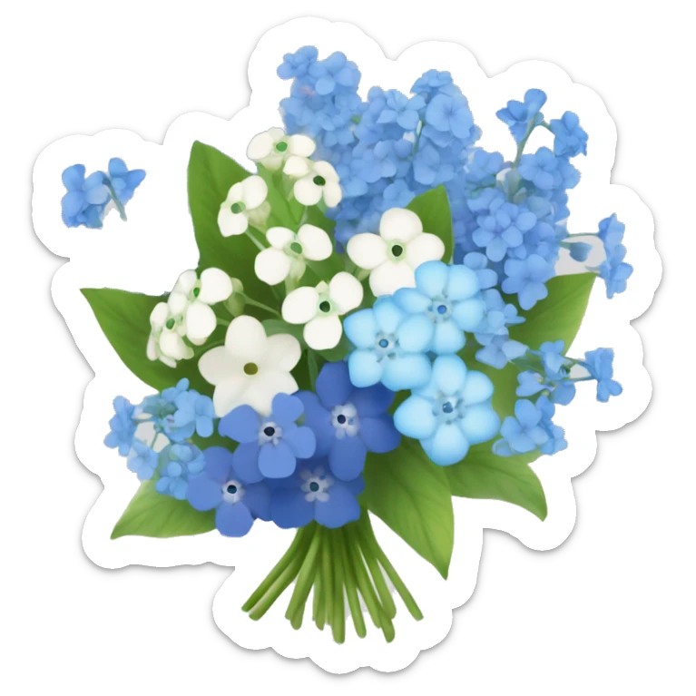 bouquet of baby breaths, delphiniums, forget me nots, and blue hydrangeas  sticker